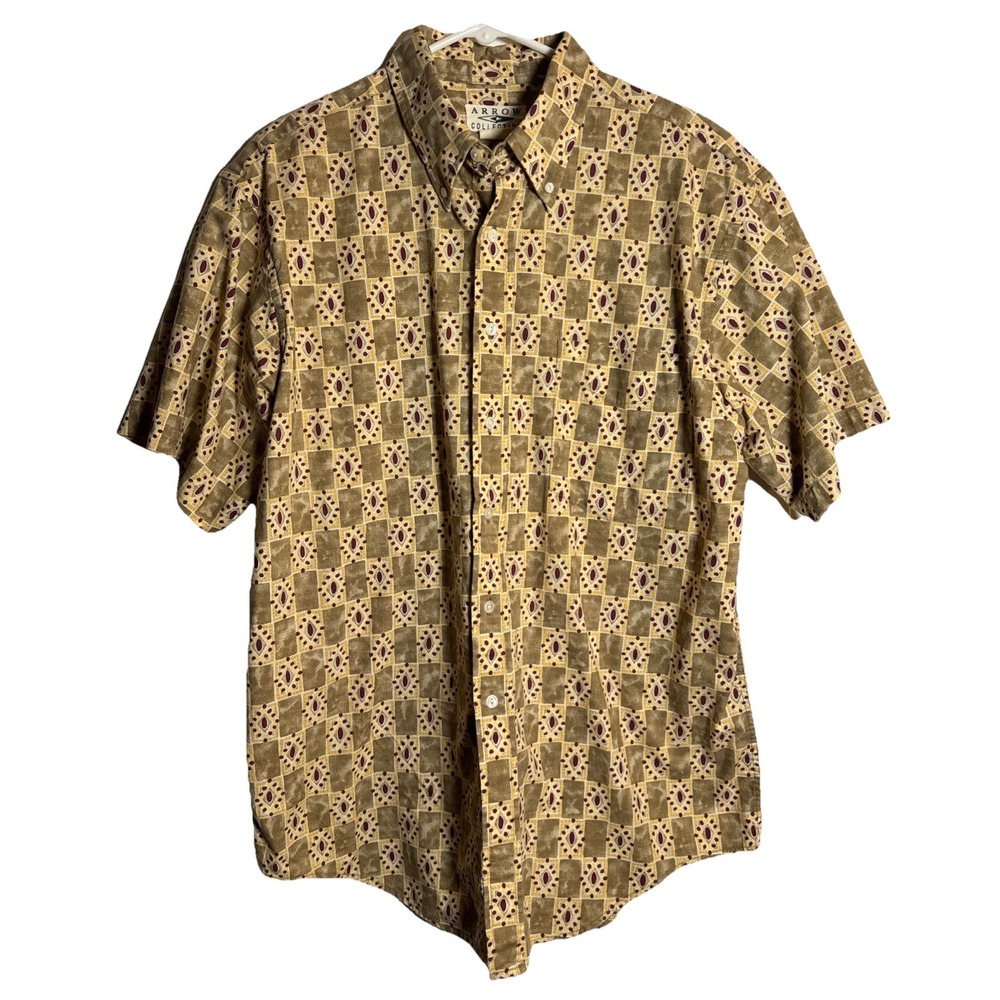 Vintage Arrow Collection Men's Shirt Large 100% Cotton Beige Red Geometric Print